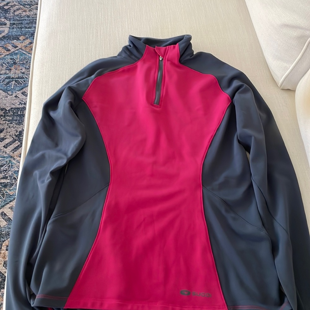 Pink and grey pull over athletic top, long sleeve, quarter zip